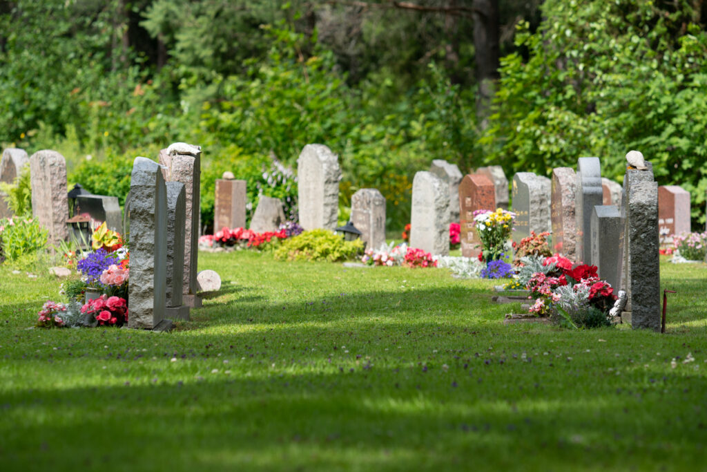 Rows of grave stones with colorful flowers