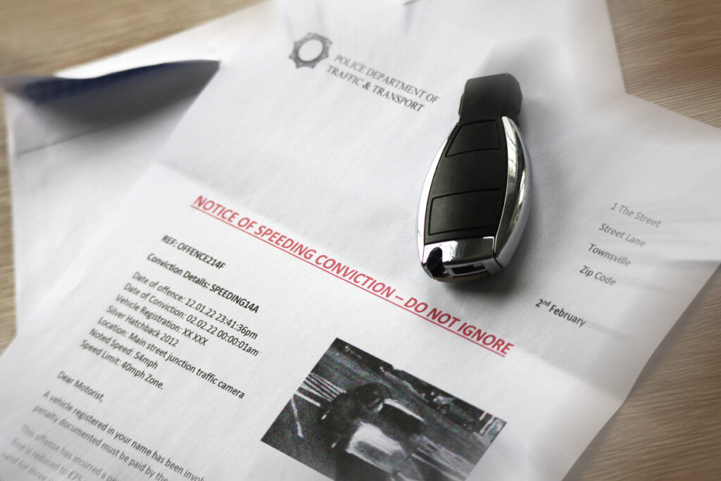 image of example speeding fine and key fob